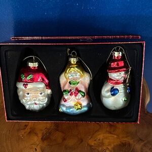 Set of 3 Vintage Christmas Blown Glass Ornament Set Santa, Angel, & Snowman